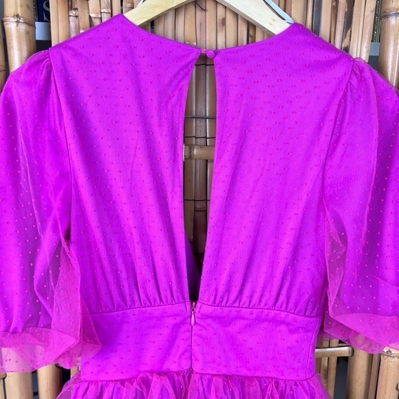LULUS Dramatic Poise Hot Pink Dot Tulle Puff Sleeve Tiered Mini Dress XXS - Picture 8 of 16